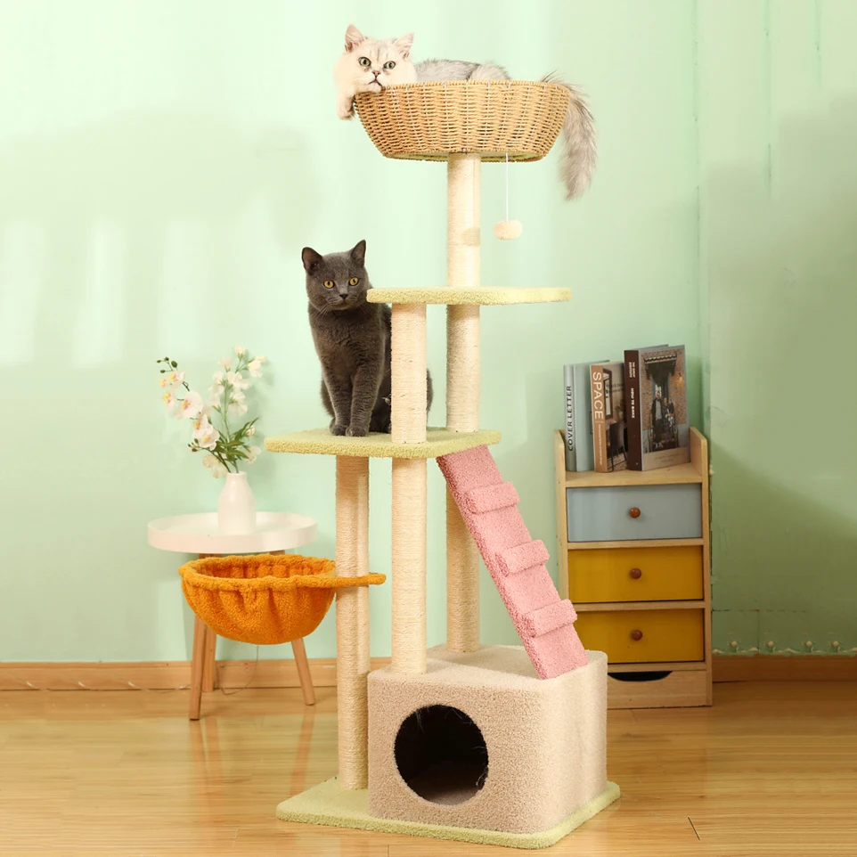 

LOW MOQ Morden Wooden Cat Tree House Scratcher Floor to Ceiling Cat Climbing Tree Furniture Indoor