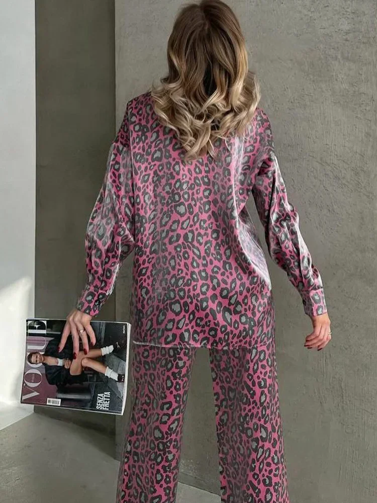 Leopard Print Long Sleeve Shirt Tops & Pants Set Women Two Piece Set Outfits