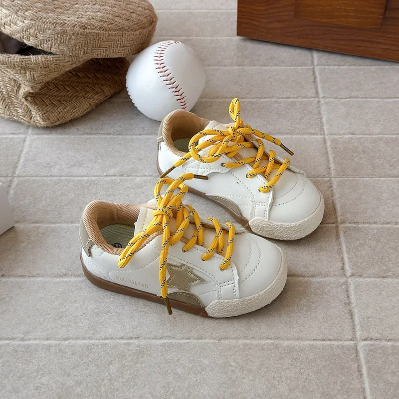 2026 Spring Autumn Children Shoes KPOP Leather Breathable Kids Casual Shoes Star Non-slip Fashion Toddler Girls Boys Sneakers