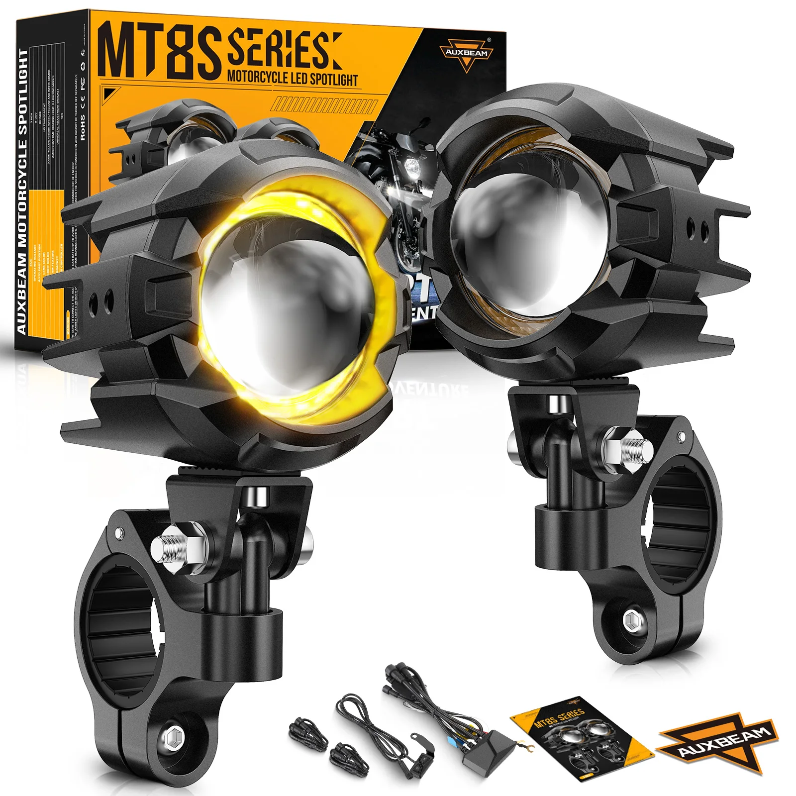 AUXBEAM MT8S 3 INCH MOTORCYCLE LED SPOTLIGHT DRL BI-LED PROJECTOR LENS HEADLIGHT 120W DUAL COLOR SWITCHBACK 3+5 LIGHT MODES