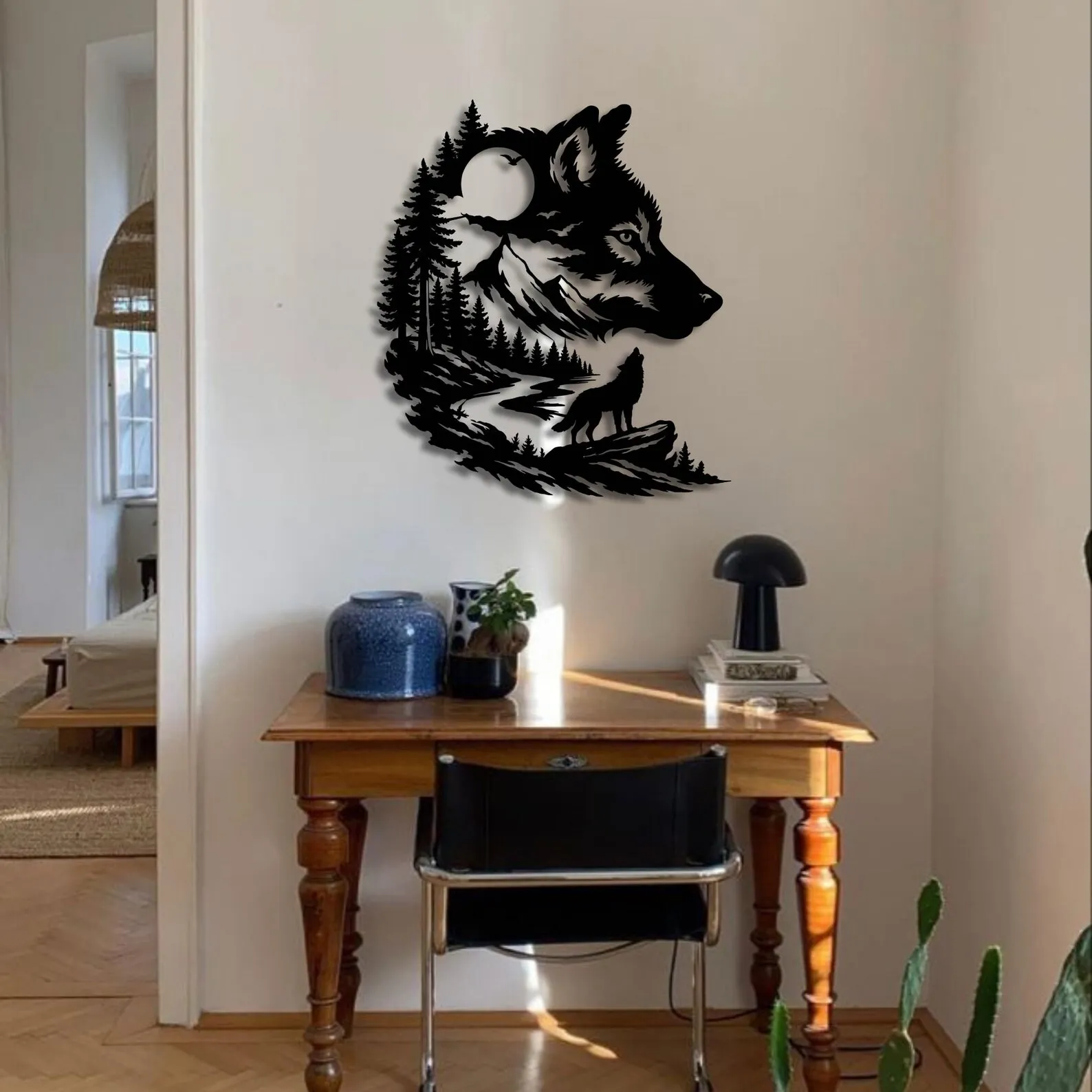 CIFBUY Metal Wall Art Tree Mountain Wolf Head, Moon River Pattern Home Hanging Decor