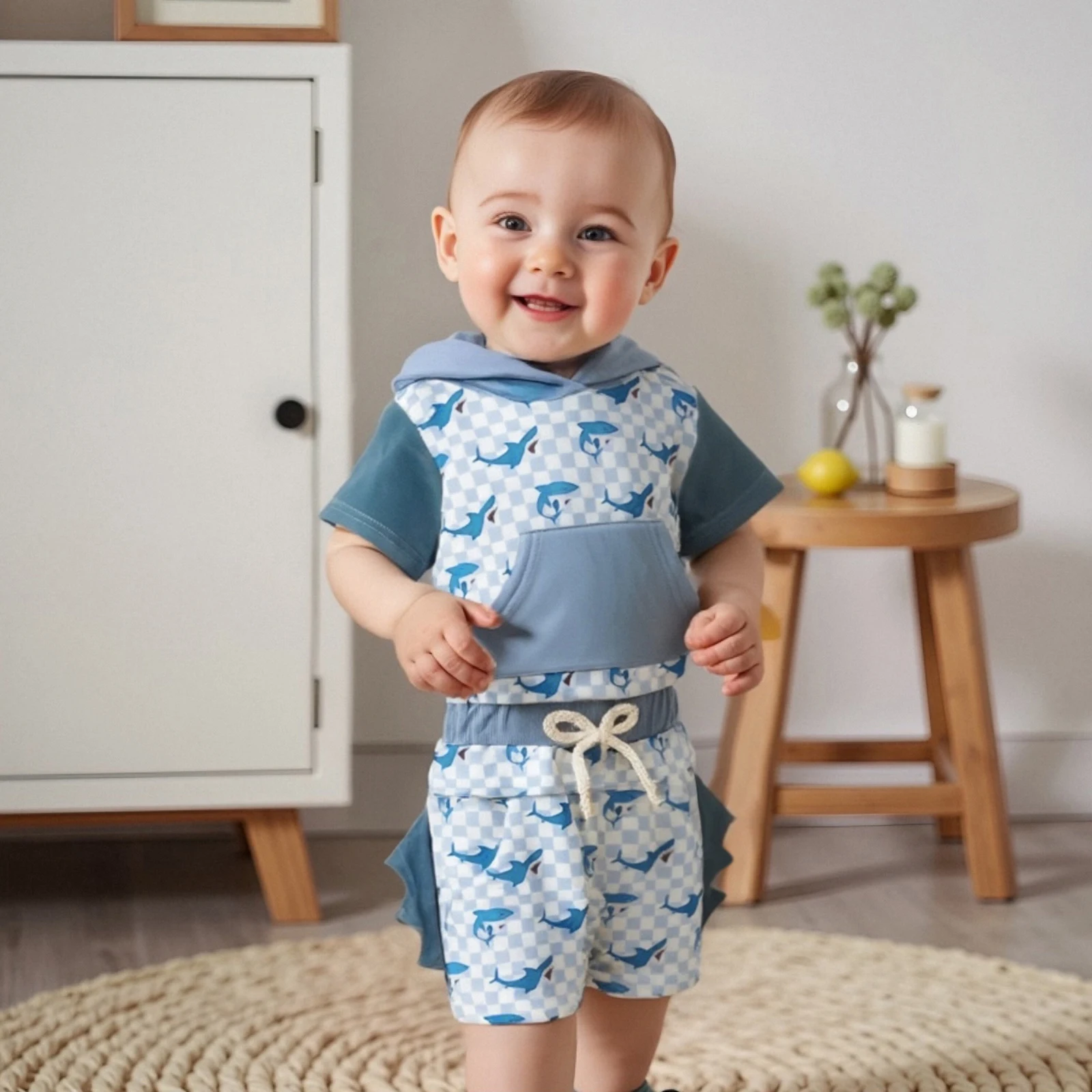 

Boys Summer Shorts Sets Short Sleeve Shark Print Hooded Tops and Drawstring Shorts Sets