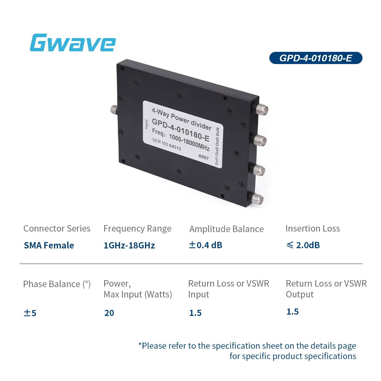 Gwave GPD-4-010180-E 4-Way For Power Divider 50 Ohm For Coaxial Connection RoHS Compliant From 1 GHz To 18 GHz Rated At 20 Watts