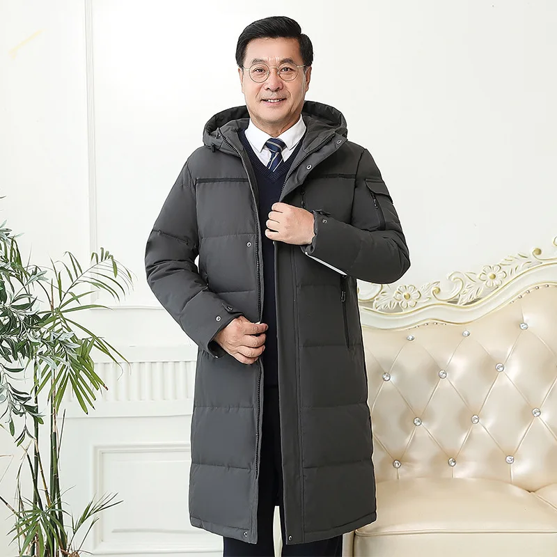 Winterjacke für Herren mittleren Alters, lang über dem Knie, plus dicker Kapuzenmantel, Papa, weiße Entendaunen-Winterjacke