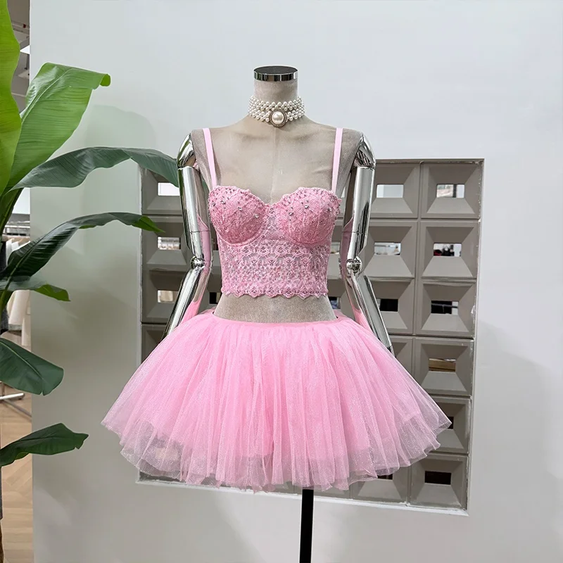 

White Diamond ter Crop Top And Skirt Set with Puffy Netting f Skirt Stage Performance Summer Night Par Outfit