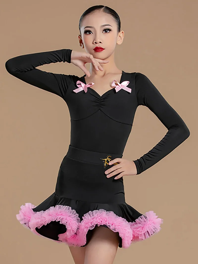 Vêtements de danse latine pour enfants filles, body à manches longues et grandes jupes en mousseline de soie, vêtements de danse pour spectacle sur scène, Costume Chacha Rumba