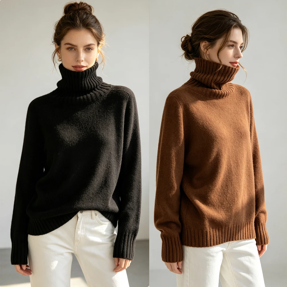2026 Women's Autumn/Winter New 100% Wool First Line Ready To Wear Seamless High Collar Solid Long Sleeve Hooded Knitted Sweater