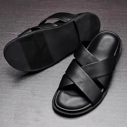 Genuine Leather Slippers Men All-match Cowhide Sandals Mens Summer Shoes Sneakers Flip Flops Beach Outdoor Leisure Sandals Male