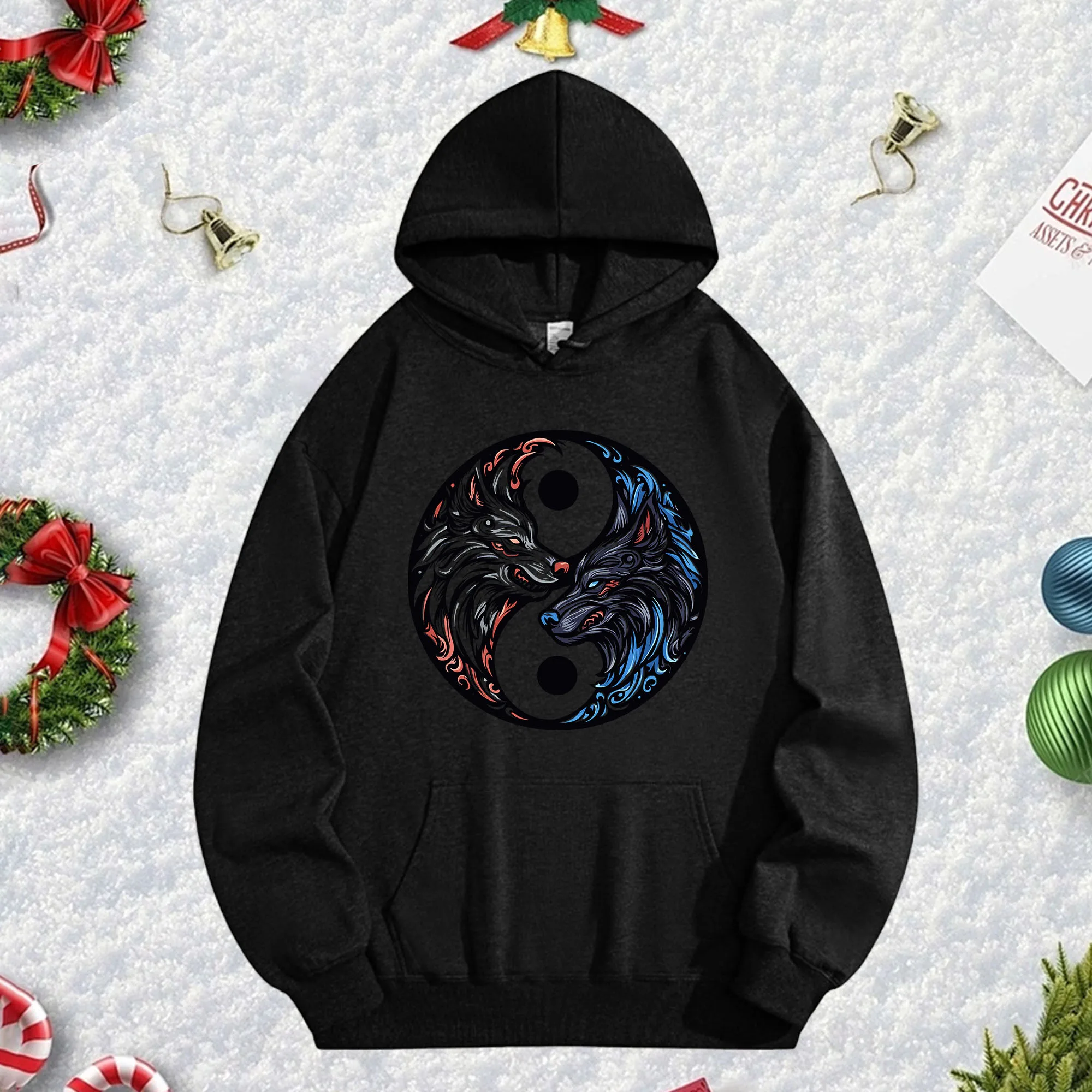 

Черная толстовка с капюшоном Ice Fire Wolf 270G для мужчин и женщин, уютный флисовый пуловер большого размера для осенне-зимнего рождественского сезона