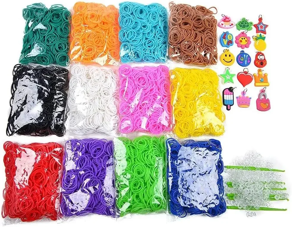 7200+ Bunte Gummibänder, Nachfüllset, hochwertige Loom-Gummibänder in S-Clips, schöne Charms, Häkelnadeln, Loom Board