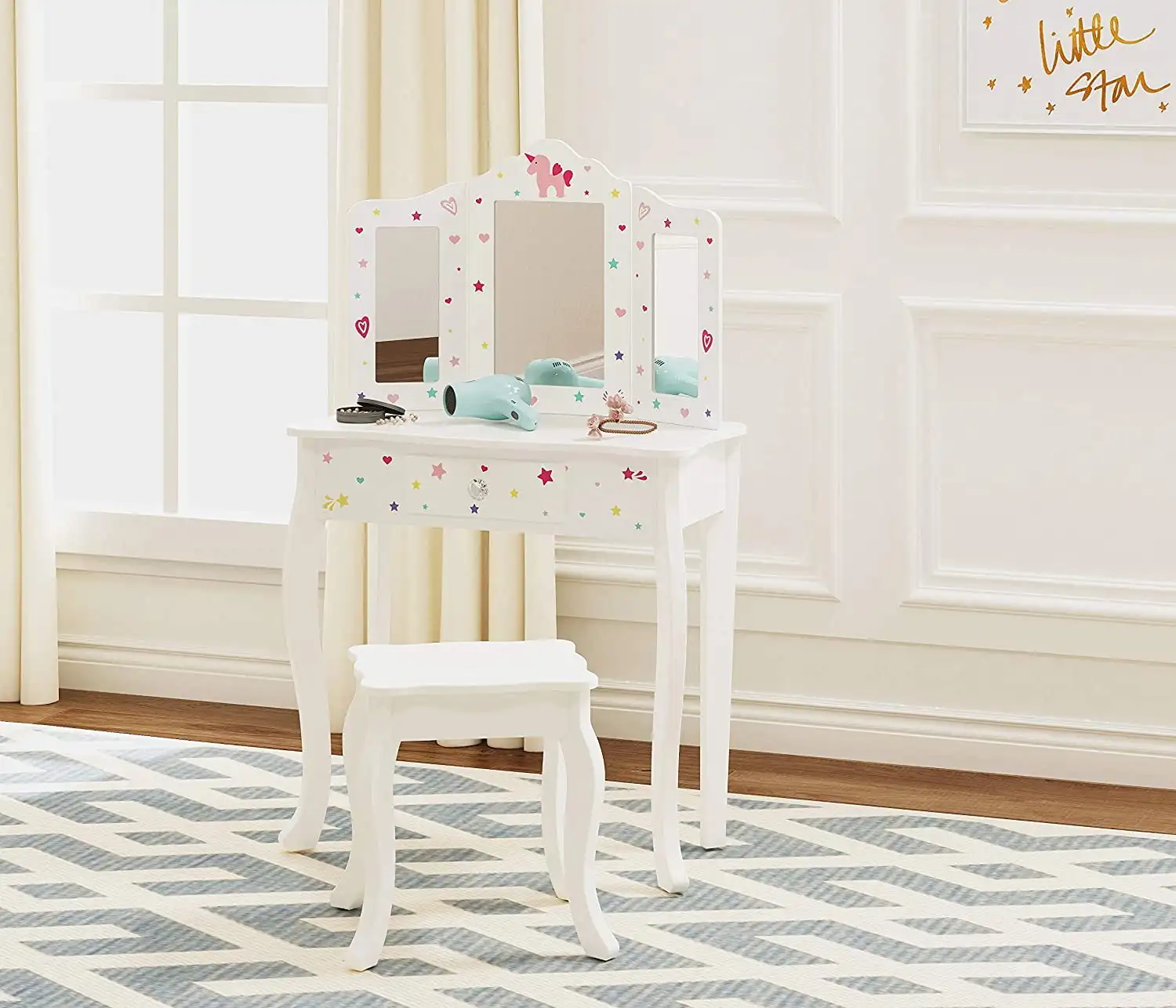 Pretend Play Kids Vanity Table and Chair Vanity Set with Mirror Makeup Dressing Table with Drawer，Play Vanity Set,White