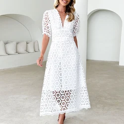 Women V Neck Puff Sleeve High Waist Dress New Sexy Hollow Out Slim Beach Long Dresses Summer Elegant Multicolour Lace Maxi Dress