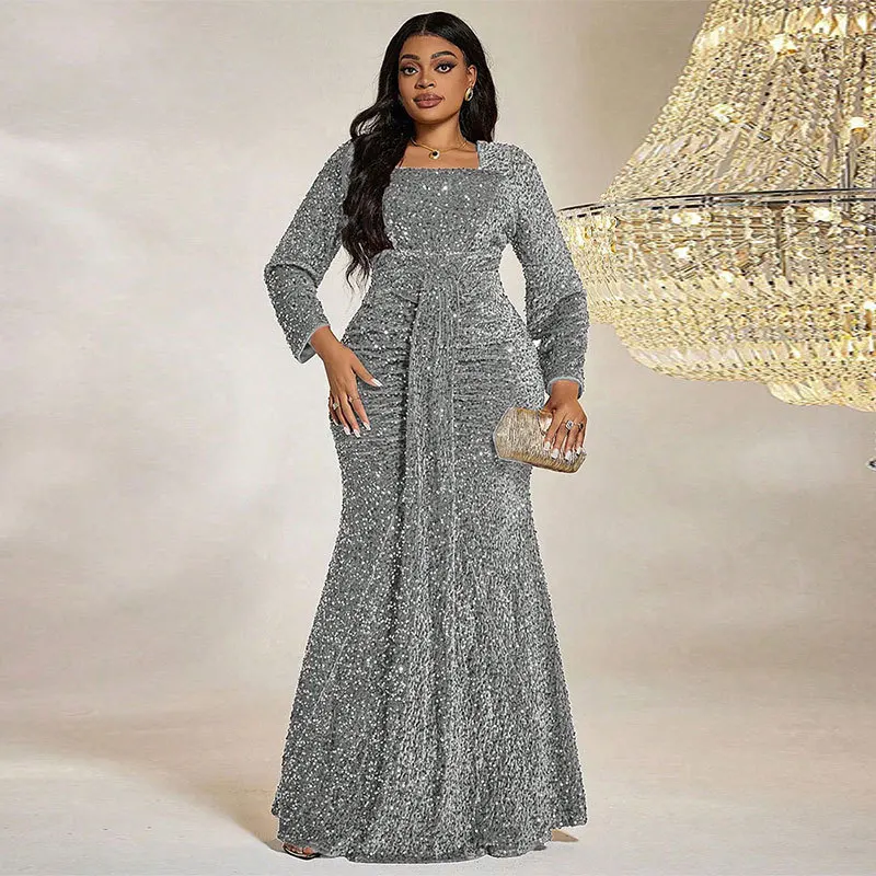 

Faionable Large Size Dr KY659 Cross-Border Sequin Par Evening Gown Long Sve Square Collar Pure Color PU Material