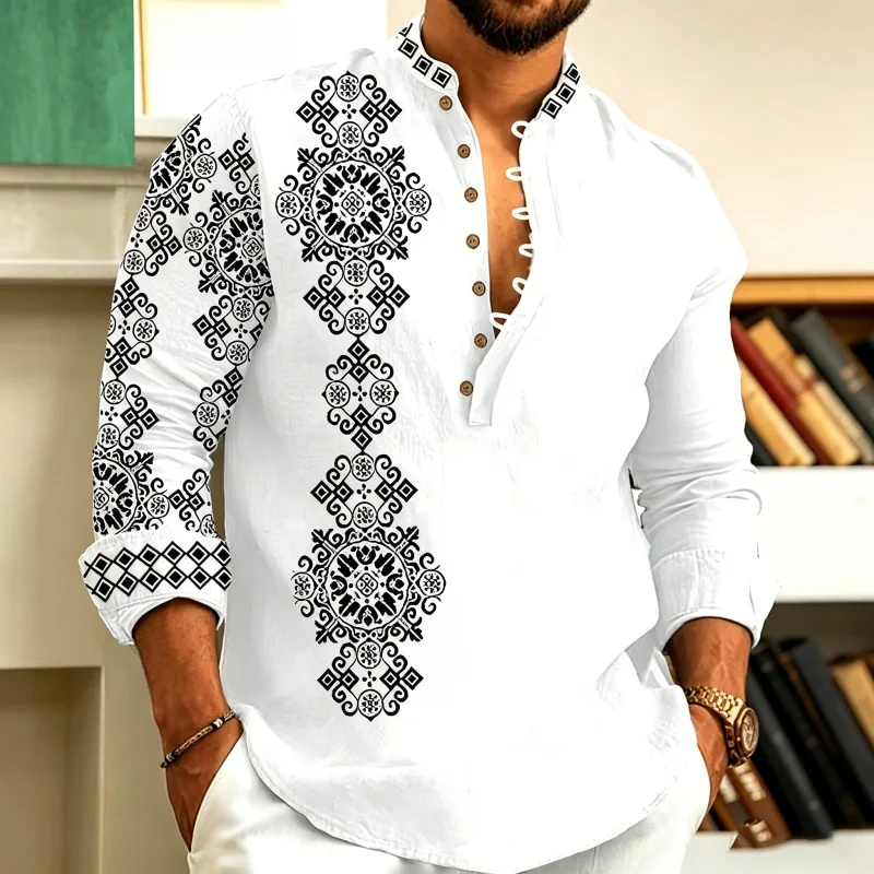 2026 New Men's Shirt Henry Shirt Bohemian Style Printed Breathable Casual Long Sleeved Stand Up Collar Men's Top XS-6XL Size