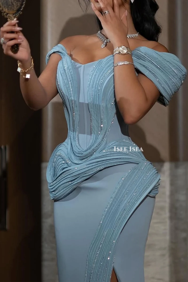 프릴이 달린 이브닝 드레스 Strapless Mermaid 섹시한 스플릿 사우디 공식 행사 이브닝 가운 맞춤형 vestidos de noche