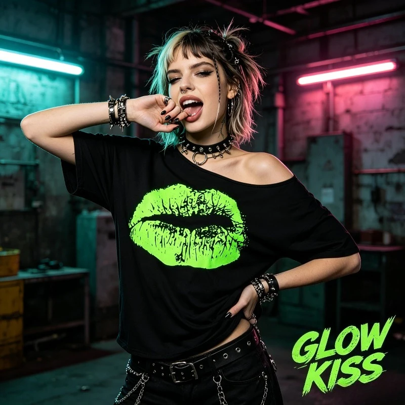 Retro Disco 80s Lip Print T-shirt with Loose Off The Shoulder Design Suitable for Ballroom Wear During 80s Celebrations view 4