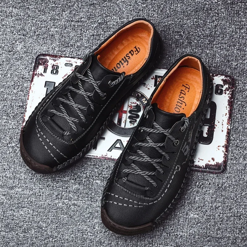 New Four Seasons Casual Soft Soled Leather Shoes Comfortable Trend Shoes Stylish Versatile Hand-Stitched Fashion Walking Shoes