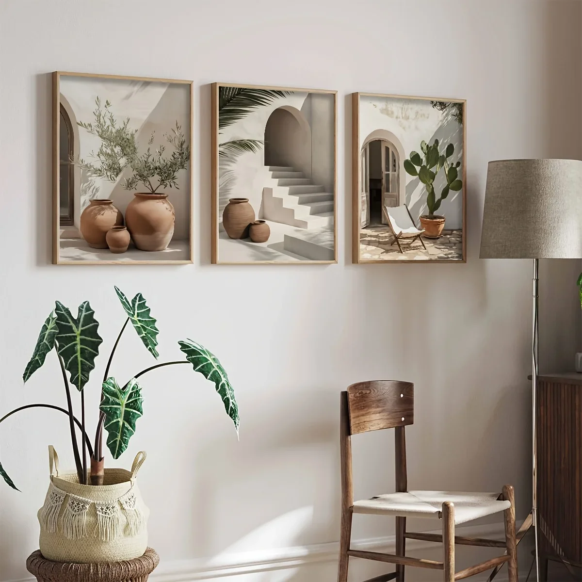 3pcs frameless Canvas Painting 3pcs/set Bohemian Olive Tree Potted Canvas Poster Mediterranean Arch Architectural Wall Art Print