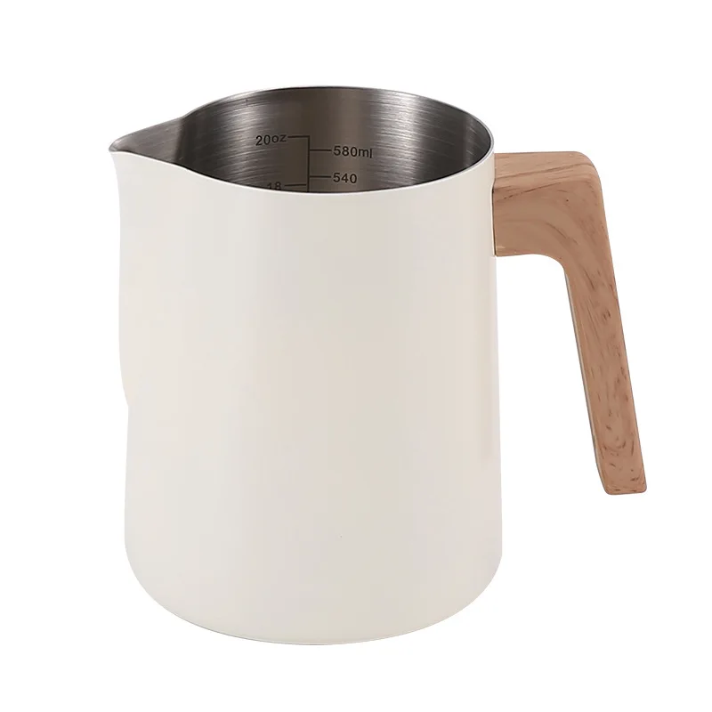 إبريق مزبد حليب القهوة 304 من الفولاذ المقاوم للصدأ مقياس دقيق مضاد للحرق مقبض الحبوب الخشبية أدوات القهوة الاحترافية #4