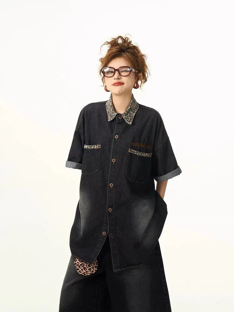 

Retro Streetwear f Sve Denim Jaet Men's Summer Loose Fit Lightweight Color irt American Leopard Print Design