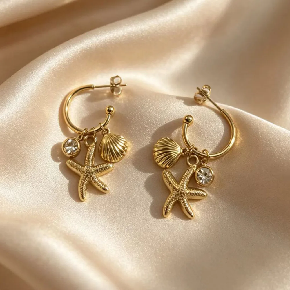 Waterproof Stainless Steel Starfish Shell Crystal Charms C Hoop Earrings Ocean Beach Dangle Earring for Women Vacation Jewelry