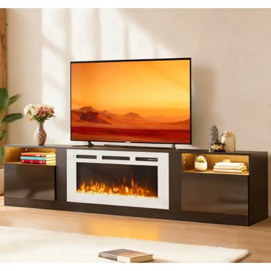 Fireplace TV Stand for TVs up to 90, LED Light Entertainment Center, Modern Wood Texture, Warm Brown, Highlight Storage Cabinet