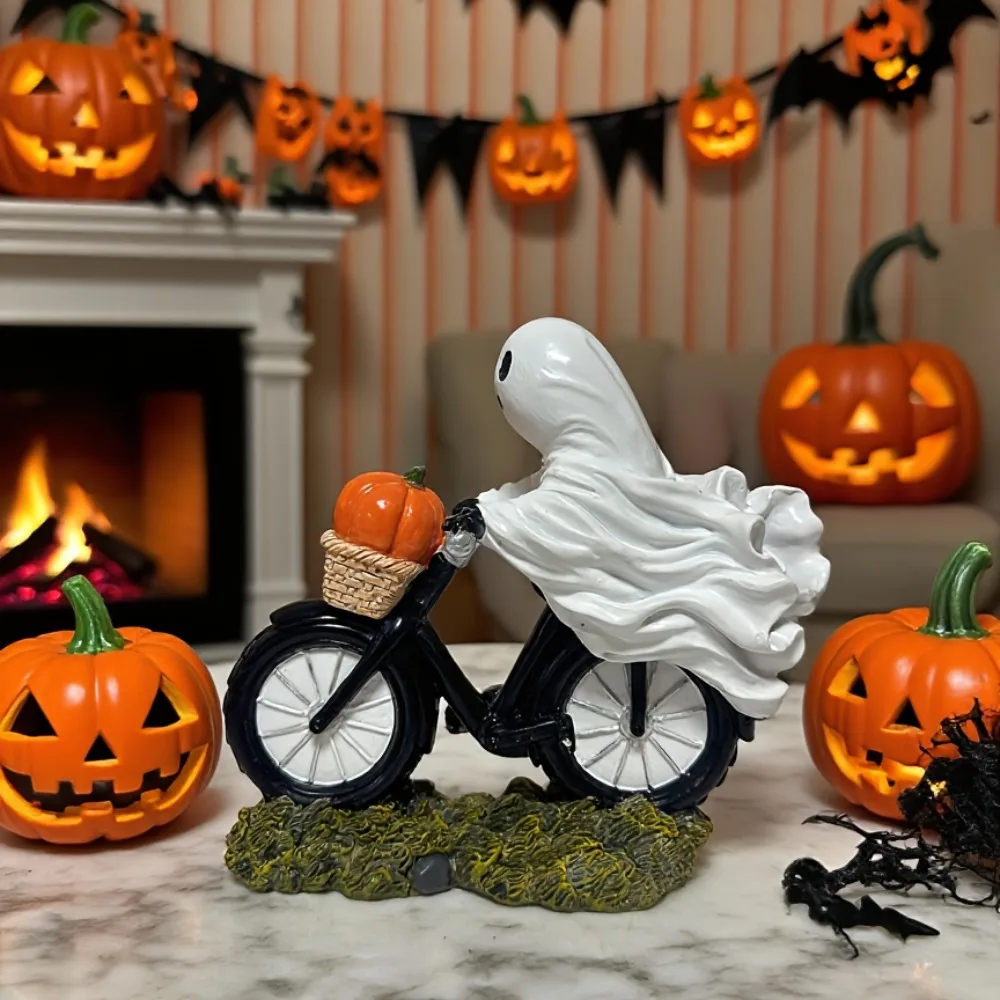 Halloween Pumpkin Riding Bicycle Figurine Tabletop Ornament for Party Layout, Spooky Holiday Atmosphere Decor Halloween Gifts