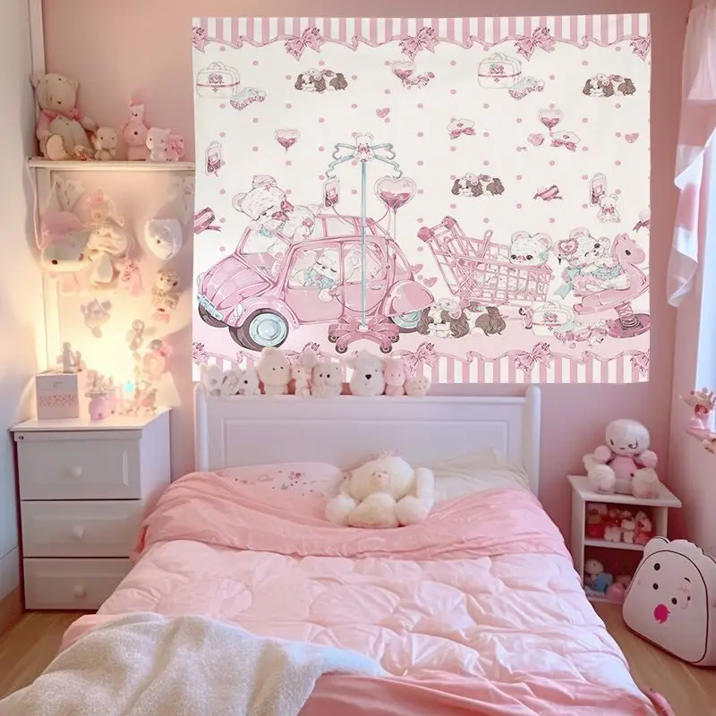 VIKAMA Pink Car Bear Hanging Cloth Sweet Bow Cartoon Cute Bear Tapestry Living Room Background Wall Room Decoration