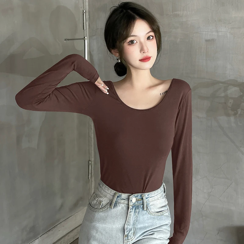 

Tops Modal Pullover Round Neck Basic Bottom Shirt Women Backless Inner temperament Long Sleeve T-Shirt Thin Blouse