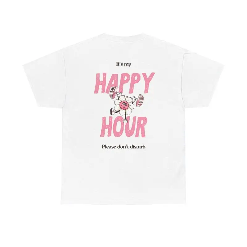 

Funny Gym T-Shirt Women's Happy Hour Workout Tee Cute Flower Weightlifting Print Top Casual Fitness Lover Gift
