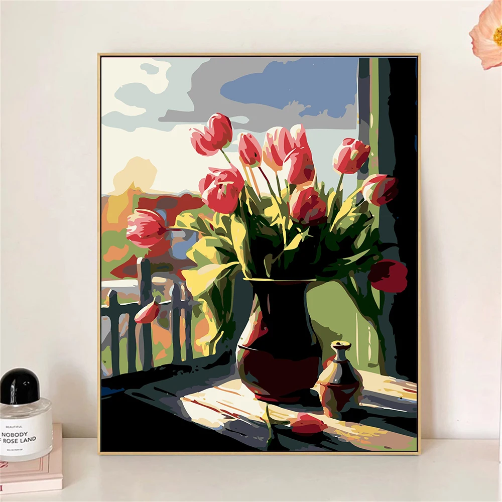 Paint by Numbers For Adult Kit Flowers On The Windowsill DIY Dropshipping acrylic Oil Painting Canvas by Number Home Decor