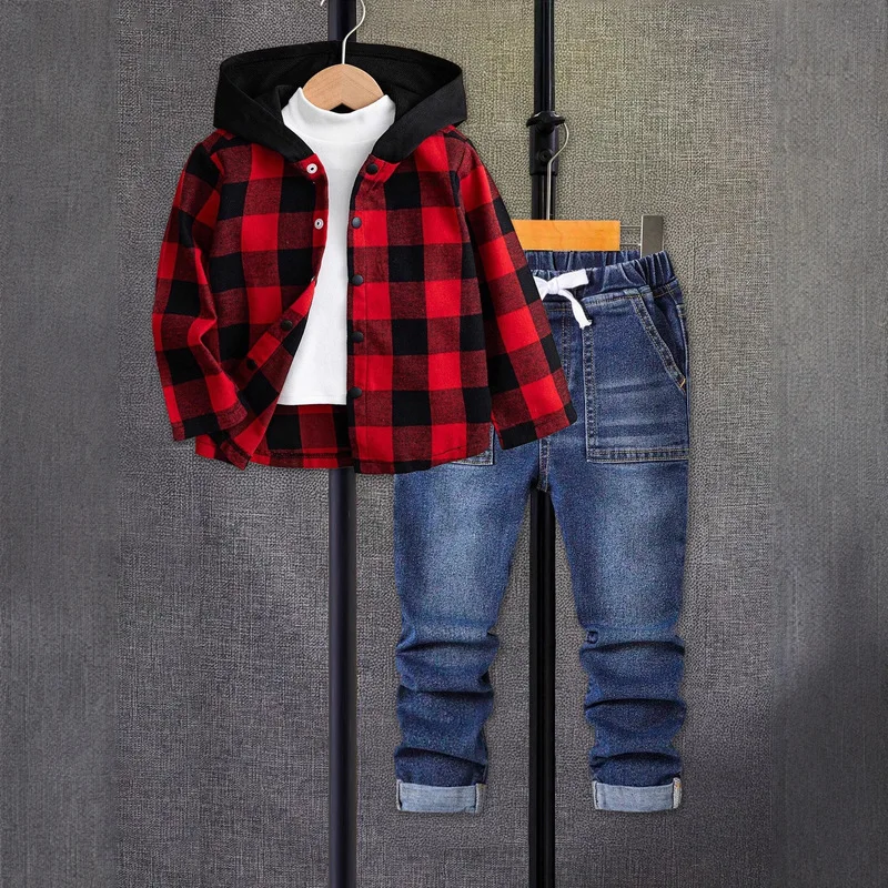 Boys' Spring and Autumn Collection Red and black plaid hooded shirt jacket+Casual denim pants set Children's clothing supply