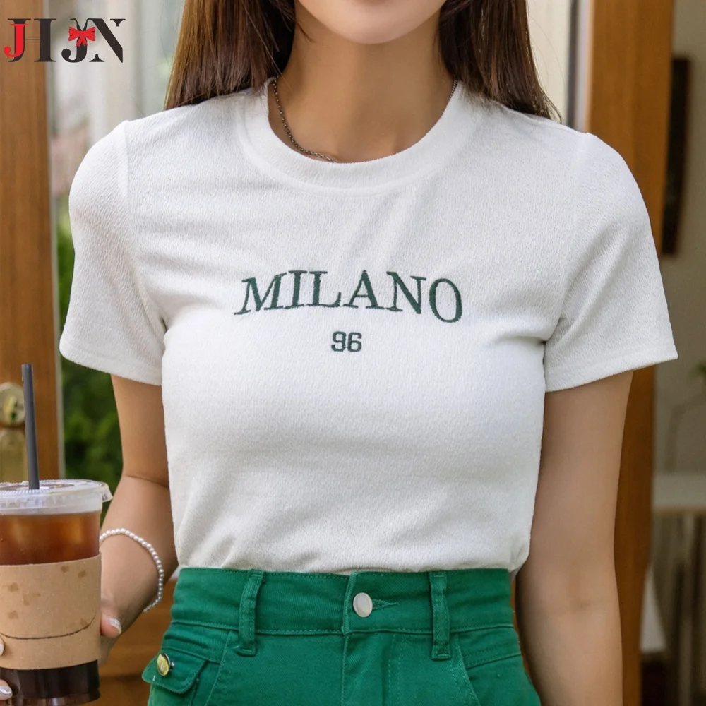 

JHJN 2025 Letter Print Crew Neck T-Shirt Casual Short Sleeve T-Shirt For Spring Summer Women's Clothing Valentine's Day