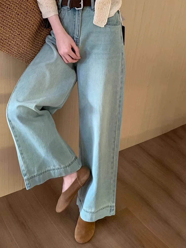 

Light Blue Wide Leg Denim Jeans Women's Loose Fit Straight Retro Spring New Sle plus Size Comfortable Slimming Pants