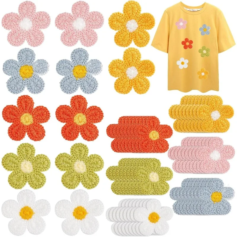 60Pcs 6 Colors Crochet Flowers Applique 50mm Handmade Crocheted Floral Embellishments Flower Sew On Patches for Clothes