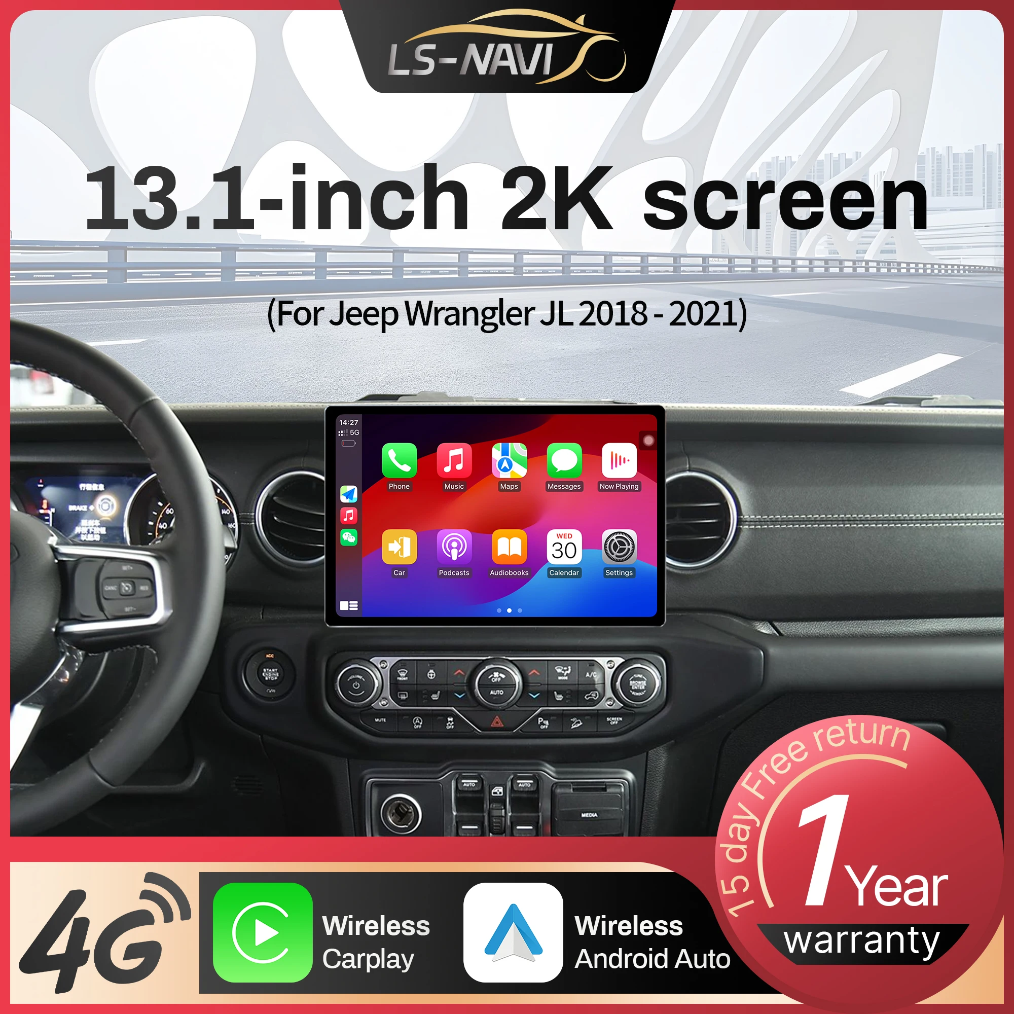 

13.1 inch Android For Jeep Wrangler JL 2018 - 2021 Car Radio Wireless Bluetooth Carplay GPS Multimedia Stereo Touch QLED Screen