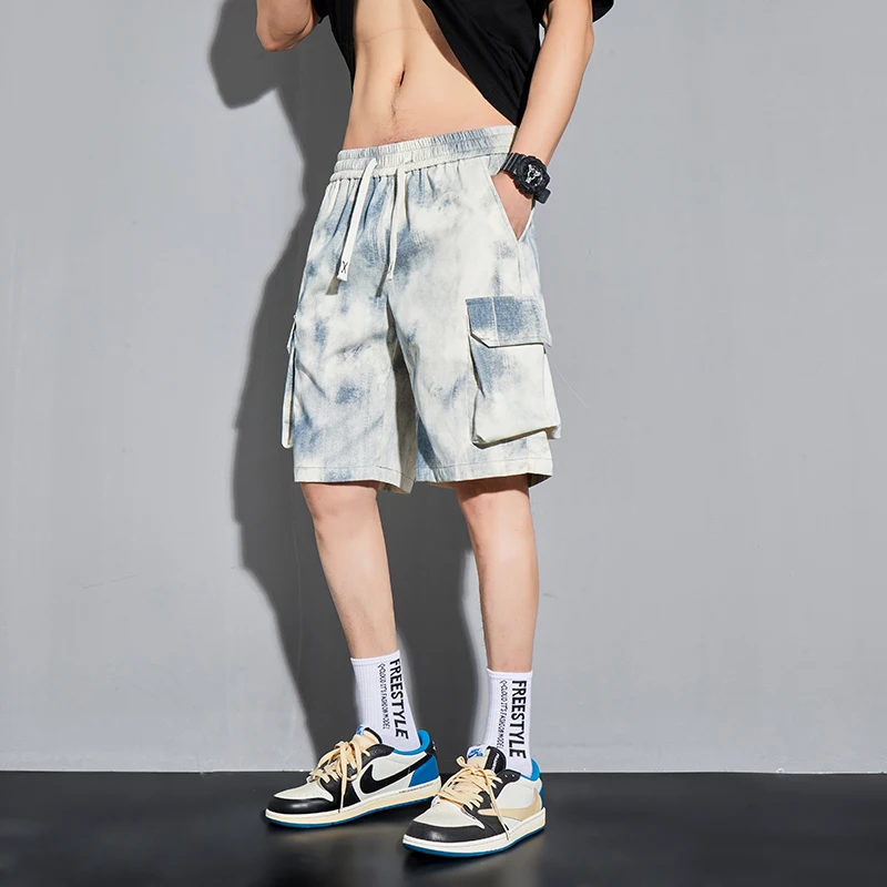 New Korean Summer Multi Pocket Workwear Shorts Men'S Fashionable Versatile Loose And Breathable Tie Dye Casual 5-Point Pants