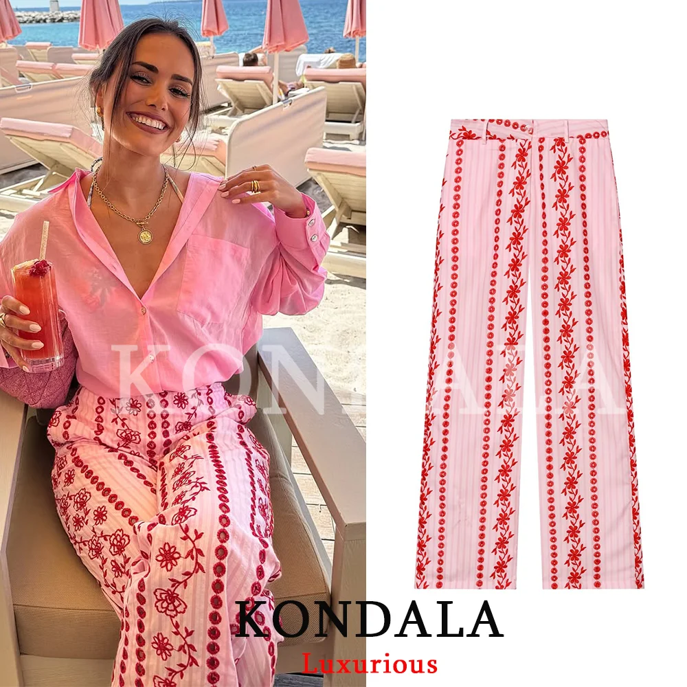 KONDALA Boho Chic Pink Embroidery Women Pants Wide Leg Vintage Holiday Women Pants Fashion 2026 Summer Elegant Long Pants
