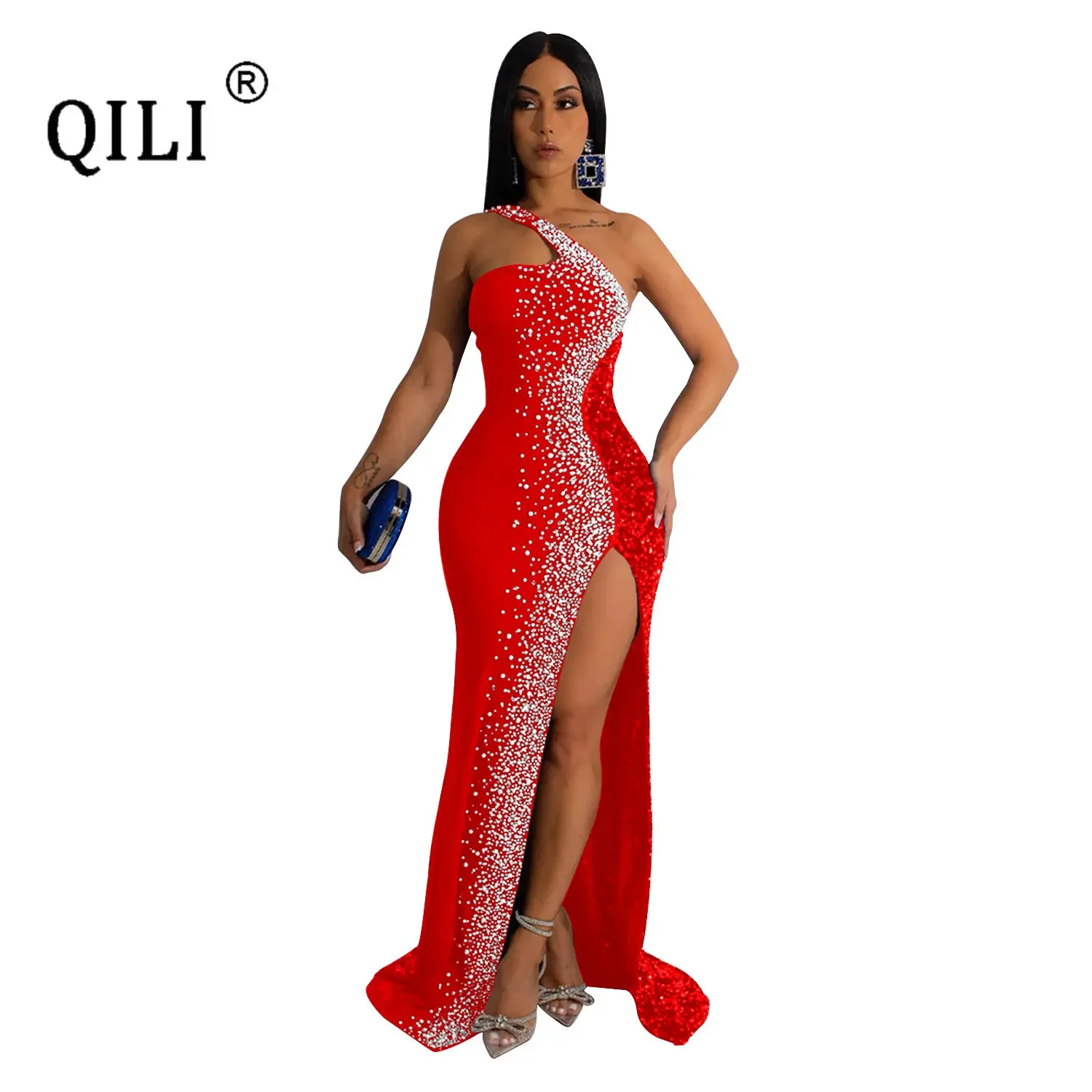 QILI One Shoulder Rhinestone and Sequins Sexy High Split Long Dress Elegant Party Dresses for Womens  Robe Blue Black Red