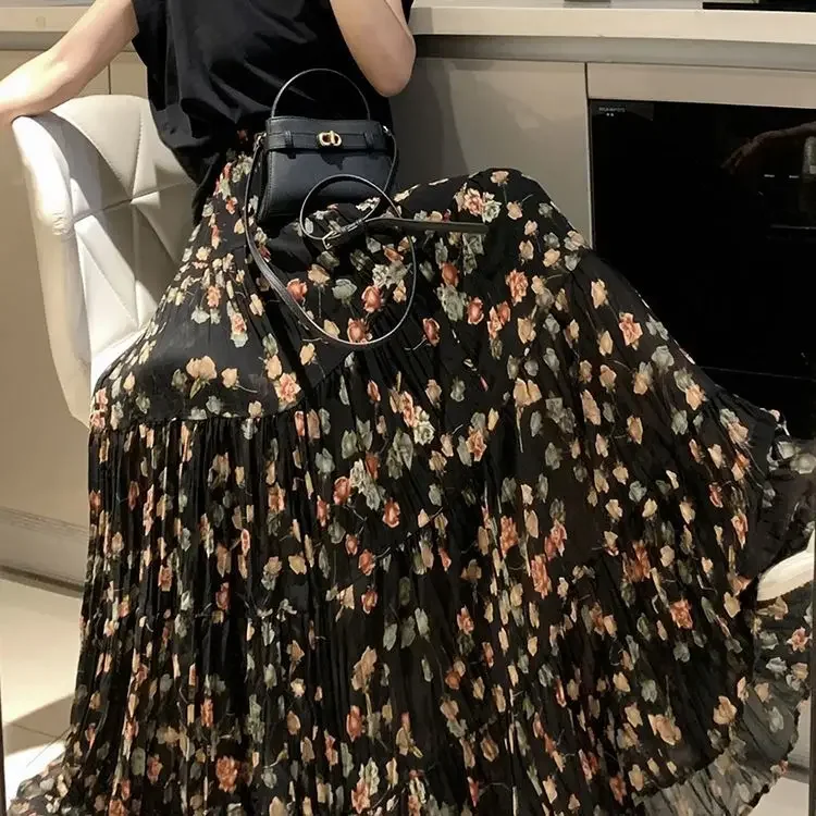 

Шифоновые плиссированные юбки с цветочным принтом, весна-лето 2023, новая винтажная одежда с высокой талией, верхняя одежда, повседневная юбка средней длины в стиле ретро