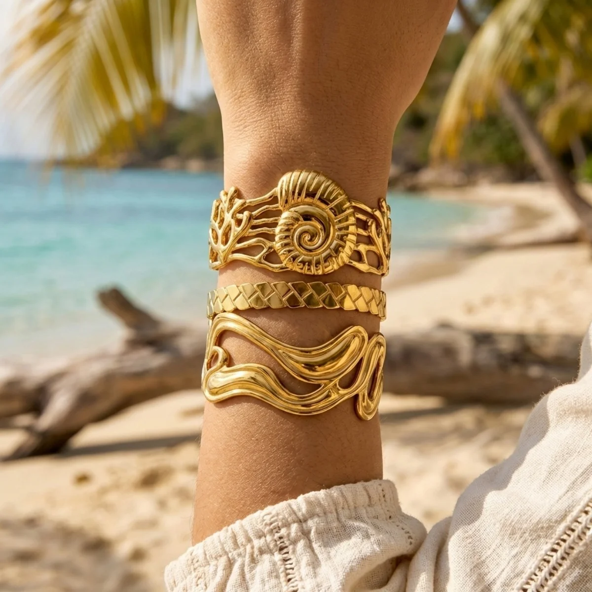 

Stainless Steel Hollow Irregular Shell Conch Coral Cuff Bracelet For Women Men Boho Geometric Open Bangle Beach Vacation Jewelry