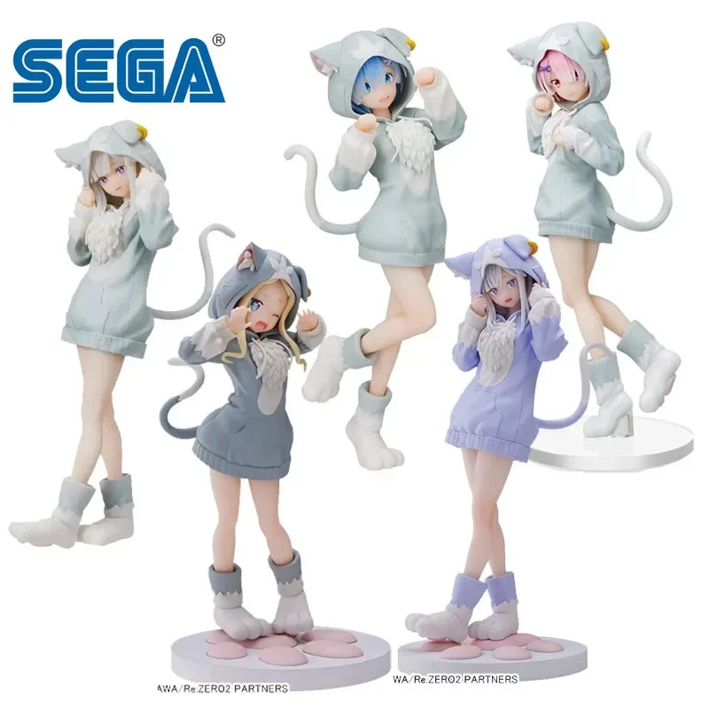 SEGA Original SPM Anime Figure Emilia Rem Ram Cat Ear Puck Suit Action Figures Toys For Kids Xmas Gift Collectible Model