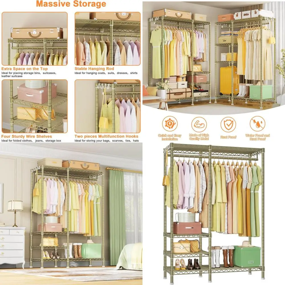 

Gold Heavy-Duty Freestanding Clothes Rack with Adjustable Hanger Rod, 45W x 15.8D x 71.3H, Holds Up to 600LBS