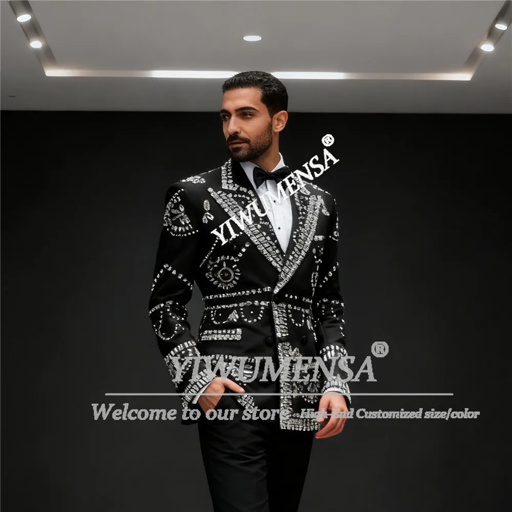

Роскошные мужские костюмы для свадьбы, блейзеры для выпускного вечера с бриллиантами и камнями, комплекты из 2 предметов по индивидуальному заказу, двубортные смокинги для жениха, мужская одежда