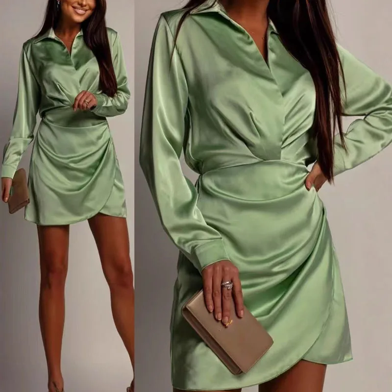 Neue Elegante Büro Hemd Kleider Herbst frauen Revers Lange Ärmeln Unregelmäßige Party Kleid Mode Temperament Gefaltete Kurze Kleid