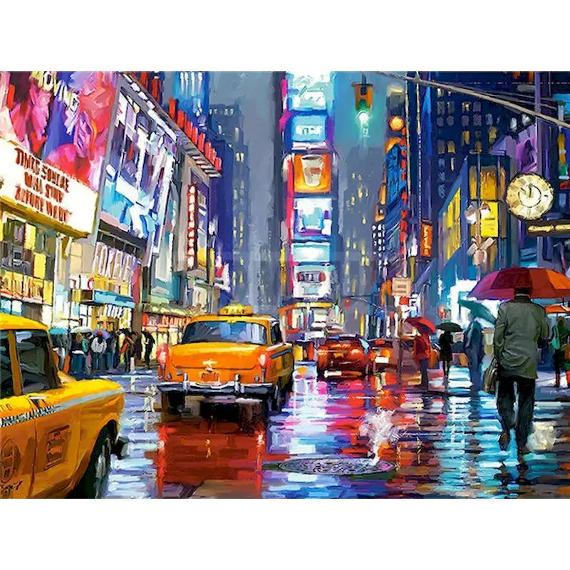 GATYZTORY Rahmenbild, DIY-Malerei nach Zahlen, Acrylfarbe nach Zahlen, Kits, regnerischer Tag, Stadtstraße, Landschaft, als DIY-Geschenk, 60 x 75 cm
