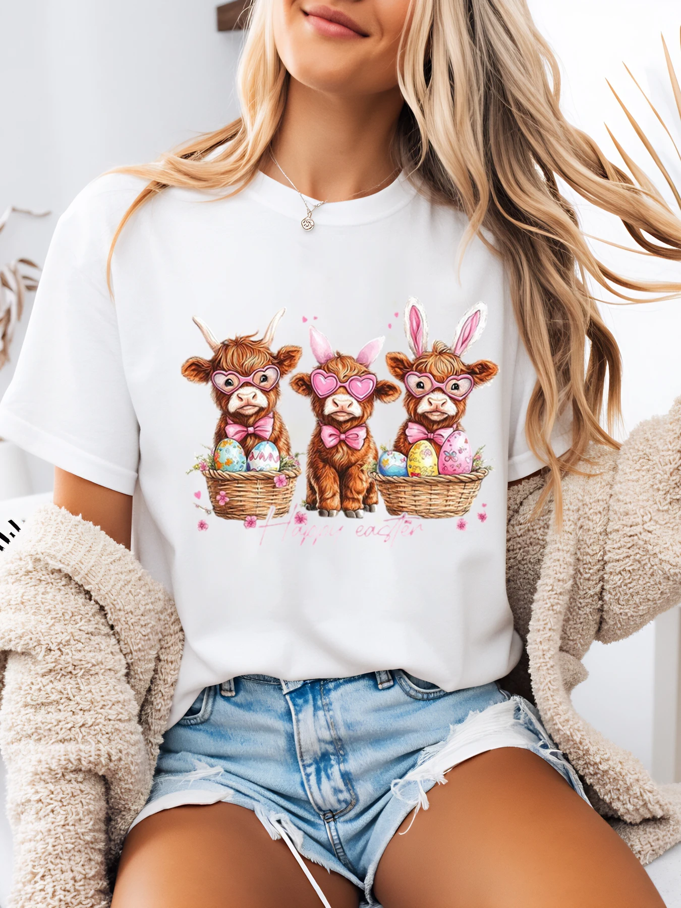 

Cow Bunny Easter Print T-Shirt Women Casual Spring Summer Outfit White Plus-Size