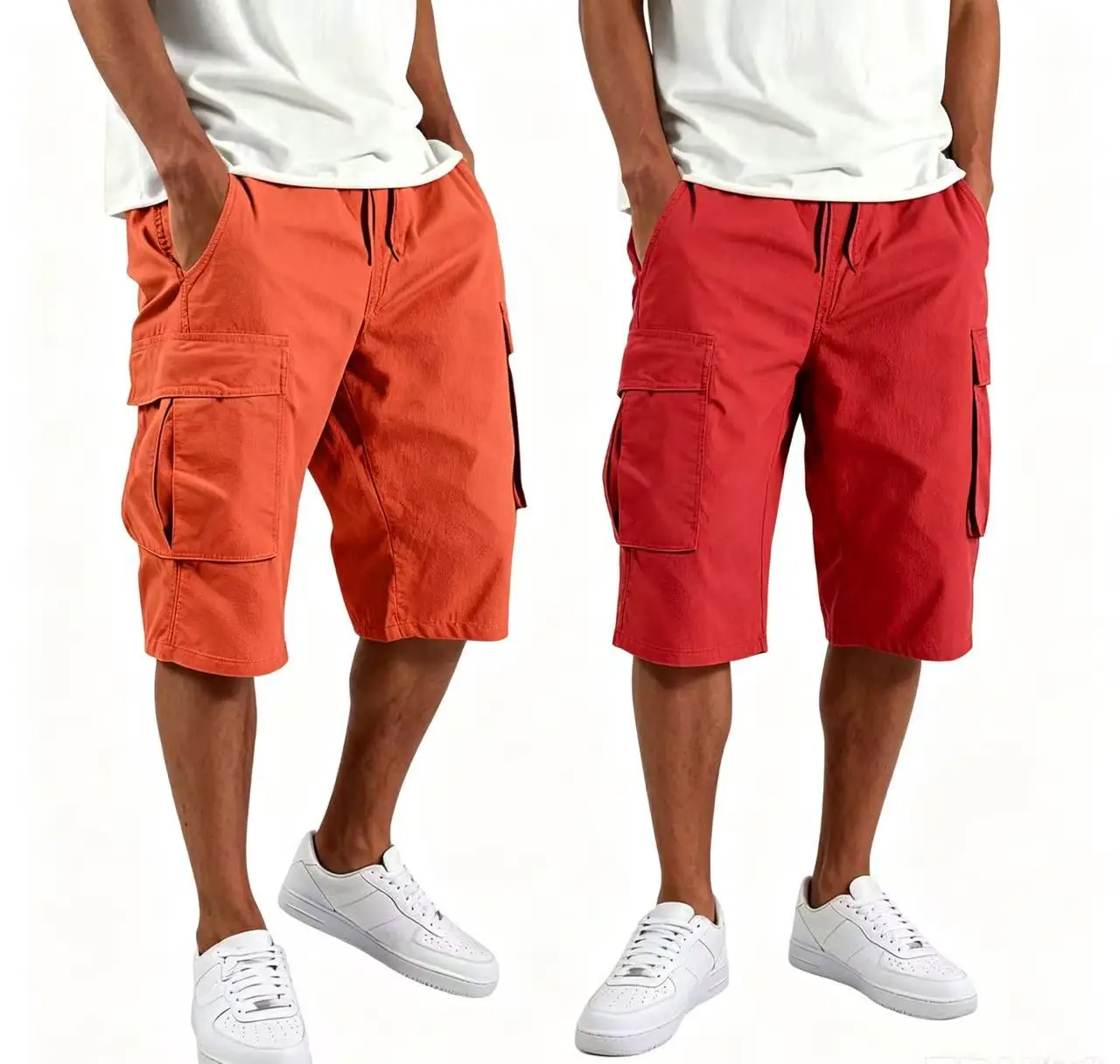 2 Pcs Pure Cotton Men Multi Pocket Cargo Capri Shorts Drawstring Loose Knee Length Casual Pants Multiple Colors Available Set view 4
