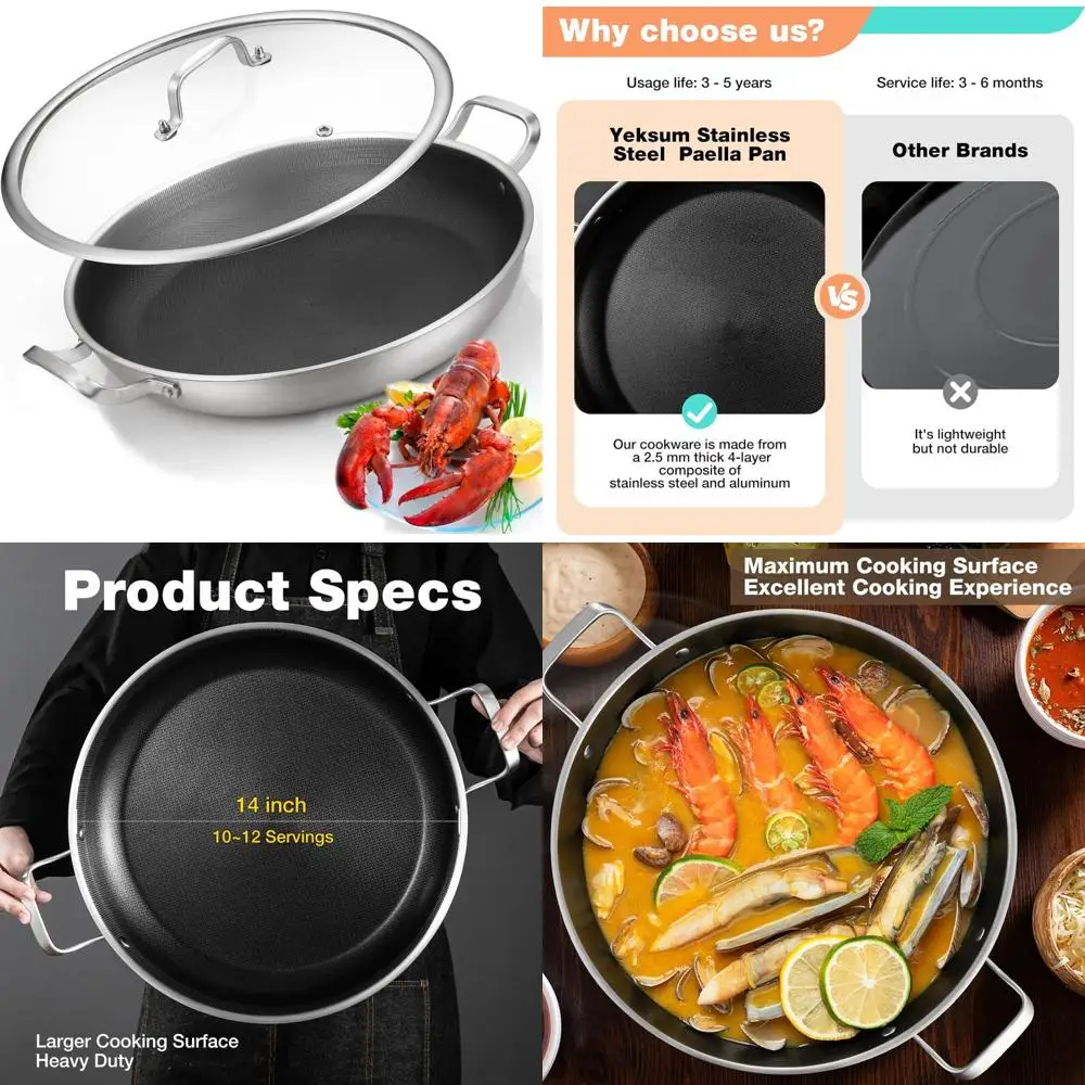 

14.5 Inch Tri-Ply Stainless Steel Paella Pan with Lid, Nonstick 12-Person Serving Skillet, Large Jumbo Cooker, Induction Compati