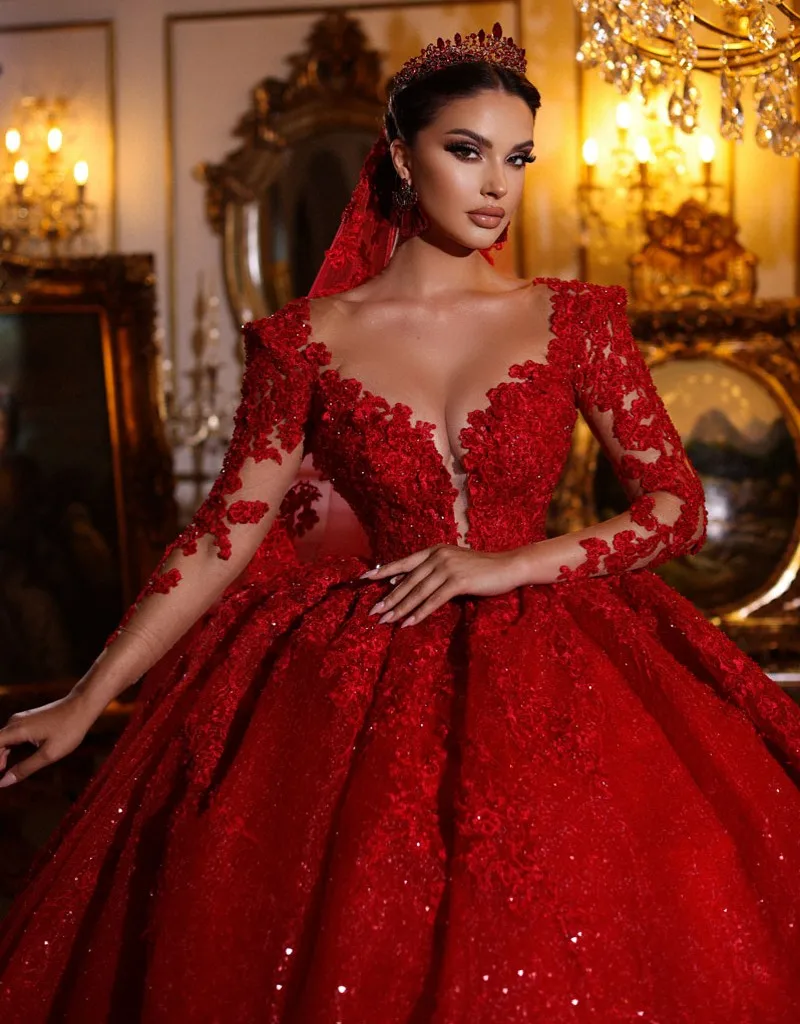 

Arabic Luxury Red Lace Wedding Dress Long Sleeves Sparkly Sequin Women Marriage Dubai Bridal Gown 2025 Vestido De Novia
